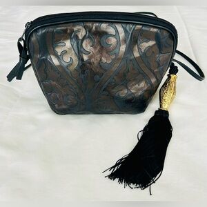 Vintage Brizzolari Made In Italy Black Leather Bag With Black & Gold Tassel